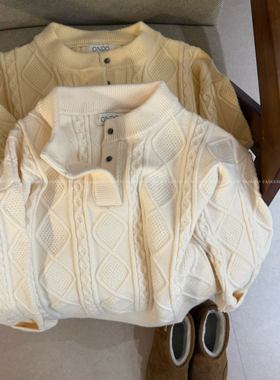 韩国ondo 奶黄酥～复古日系文艺慵懒风麻花毛衣亨利领针织衫女
