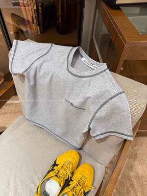 韩国rest* 小众时髦经典款！复古明线正肩短袖T恤女短款