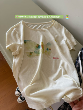 韩国小众Flet*ta 冰爽竹节棉 复古手绘蝴蝶印花短袖T女包邮