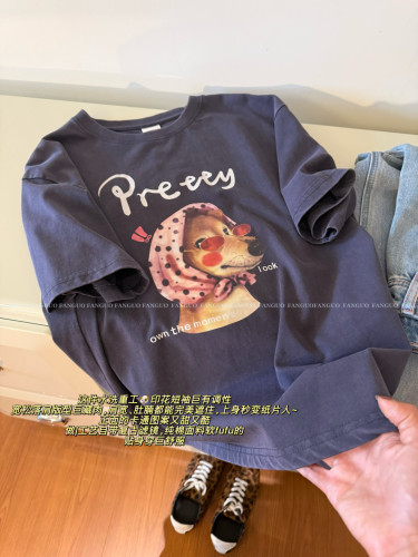 u*r！好爱炭灰色！巨柔软全棉重工洗水做旧 头巾小狗短袖T恤包邮