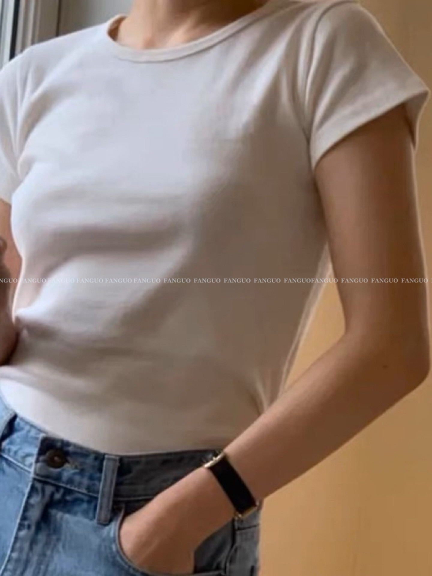 韩国mone. 无限回购 高弹精梳正肩短袖圆领白T恤女基础款夏包邮