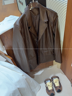 【帅痞复古】宽松ove*ize 宽松休闲pu皮衣外套女