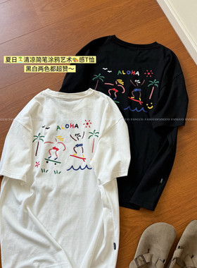 韩国cpgw* 涂鸦/滑板椰树 全棉宽松休闲短袖T恤女包邮