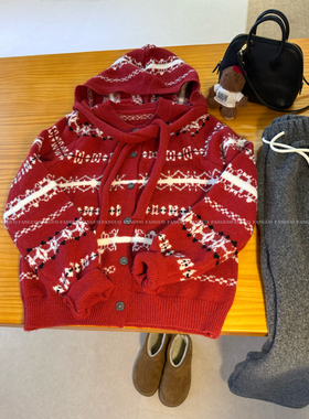 圣诞红色费尔岛毛衣！可拆卸连帽针织衫开衫修身显瘦内搭上衣女