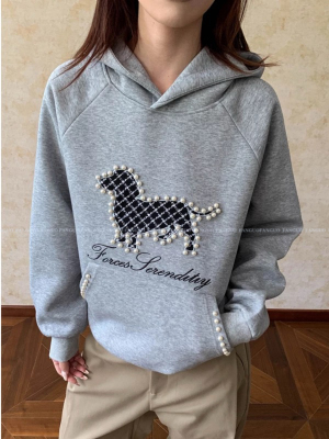 重磅！复古美式珍珠小狗刺绣加厚加绒休闲连帽卫衣女