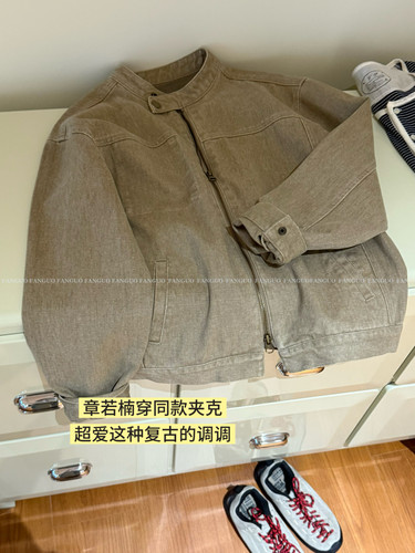 baby酱章若楠穿的那件美式复古老钱风 小立领夹克牛仔外套女包邮