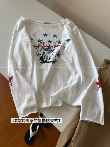 kri*h超火！美式街头甜辣 一字肩雪花棉长袖T恤女包邮