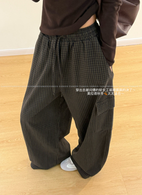 erum*梨形神裤！复古美拉德磨毛宽松休闲裤显瘦格子工装裤女包邮
