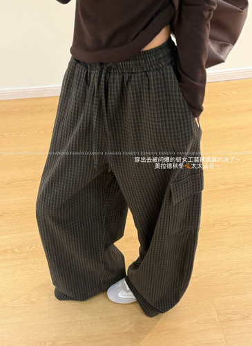 erum*梨形神裤！复古美拉德磨毛宽松休闲裤显瘦格子工装裤女包邮