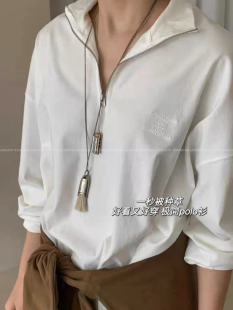 T恤上衣女 半拉链立领刺绣字母宽松长袖 韩国SELF 抽绳设计