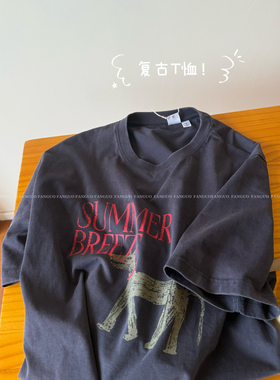 韩国设计师款PA*TO！美式复古重工洗水做旧全棉短袖T恤女包邮