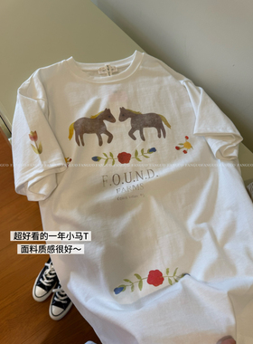韩国LY*!小马花朵/复古洋气啊 全棉宽松短袖T恤女包邮