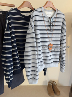 韩国ounce 北极绒加厚休闲条纹卫衣女 复古简约慵懒风