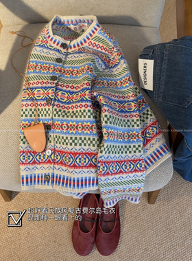 韩国原厂订单！Vintage古着 复古民族风提花毛衣开衫针织衫女
