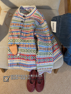 针织衫 复古民族风提花毛衣开衫 女 Vintage古着 韩国原厂订单