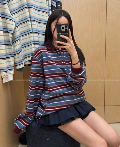 grov*！学院风美式复古条纹polo领字母刺绣长袖T恤女