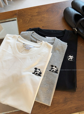 【u**r】极简小众设计师款 精梳棉 立体熊猫刺绣短袖T恤上衣女
