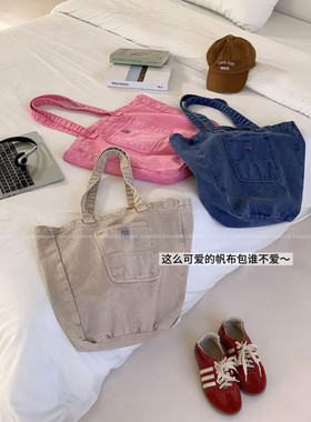 东大门原厂订单！超大容量～巨实用！ins复古水洗牛仔帆布包包邮