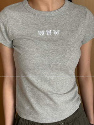 【杨超越同款】韩国 Le*FromMoon 简约休闲少女蝴蝶刺绣短袖T恤