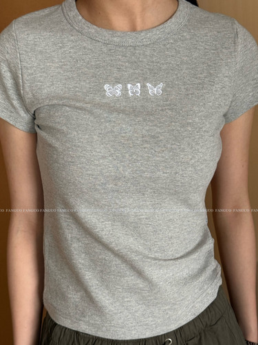 【杨超越同款】韩国 Le*FromMoon 简约休闲少女蝴蝶刺绣短袖T恤