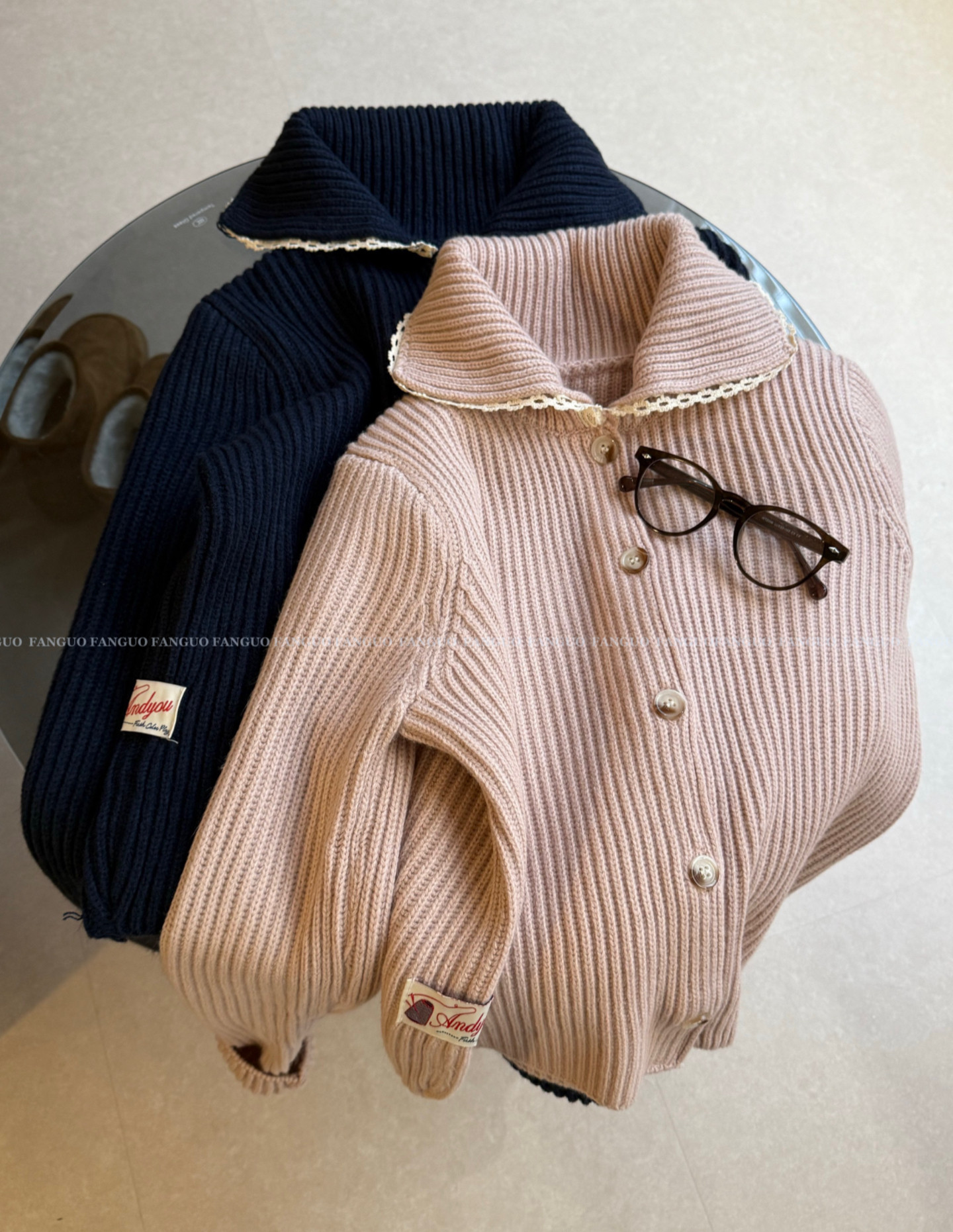 韩国设计师款！andyo* 法式复古少女翻领勾花边短款针织毛衣开衫