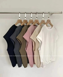 2024新款 韩国东大门 T恤女夏 无袖 egg圆领下摆松紧腰棉甜美短袖