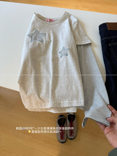 韩国原厂Reper*星星刺绣撞色条纹假俩件套长袖T女包邮