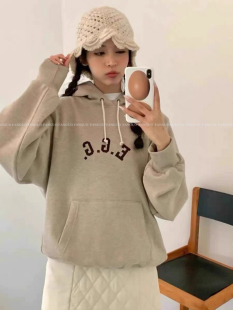 韩国e*g 刺绣加厚摇粒绒休闲连帽卫衣女秋冬 巨保暖！
