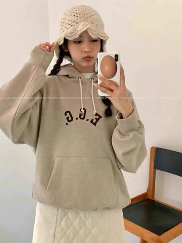 韩国e*g 刺绣加厚摇粒绒休闲连帽卫衣女秋冬 巨保暖！