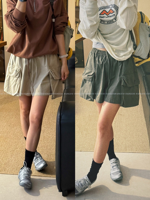 韩国selfservice  帅！重工洗水棉 复古美式口袋工装短裤裙裤女