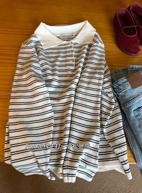 韩国held*r！miu系艺术生 知识分子风Polo领羊毛衫条纹针织衫女
