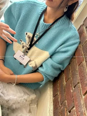韩国fur*  可可爱爱 小羊宽松慵懒复古圆领套头大毛衣女