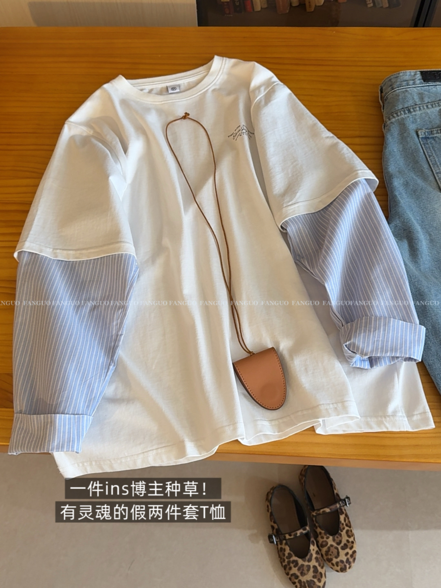 韩国原厂！ins小众设计感假俩件袖子拼接条纹全棉T长袖上衣