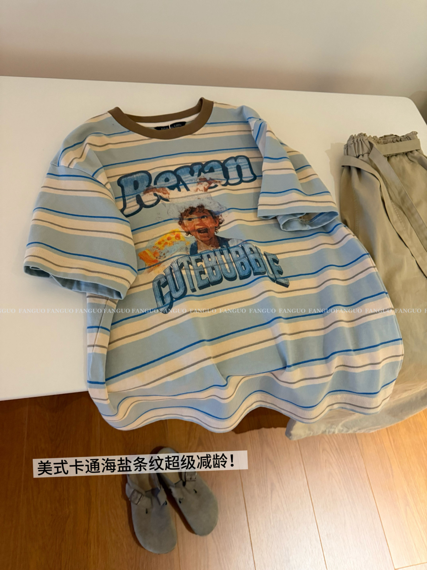 立体条纹线～巨清爽！浅蓝条纹复古美式宽松短袖T恤女包邮