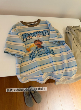 立体条纹线～巨清爽！浅蓝条纹复古美式宽松短袖T恤女包邮