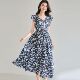 碎花荷叶边长绒棉V领无袖 蓝色法式 拼接印花连衣裙 新款 沐珊26夏季