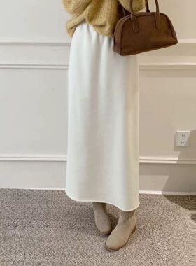 25秋冬新款松紧腰毛呢半身裙高腰中长A字裙加绒直筒半裙那边22729