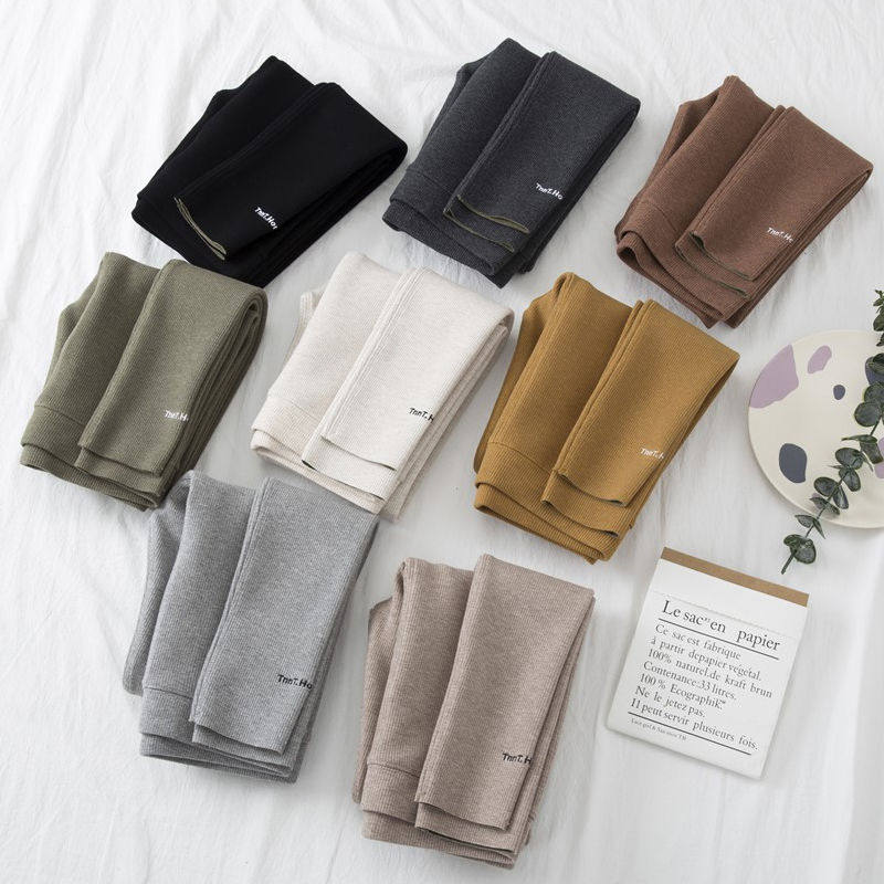 螺纹打底裤女秋冬外穿纯棉一体加绒紧身裤高腰显瘦灰色加厚保暖裤