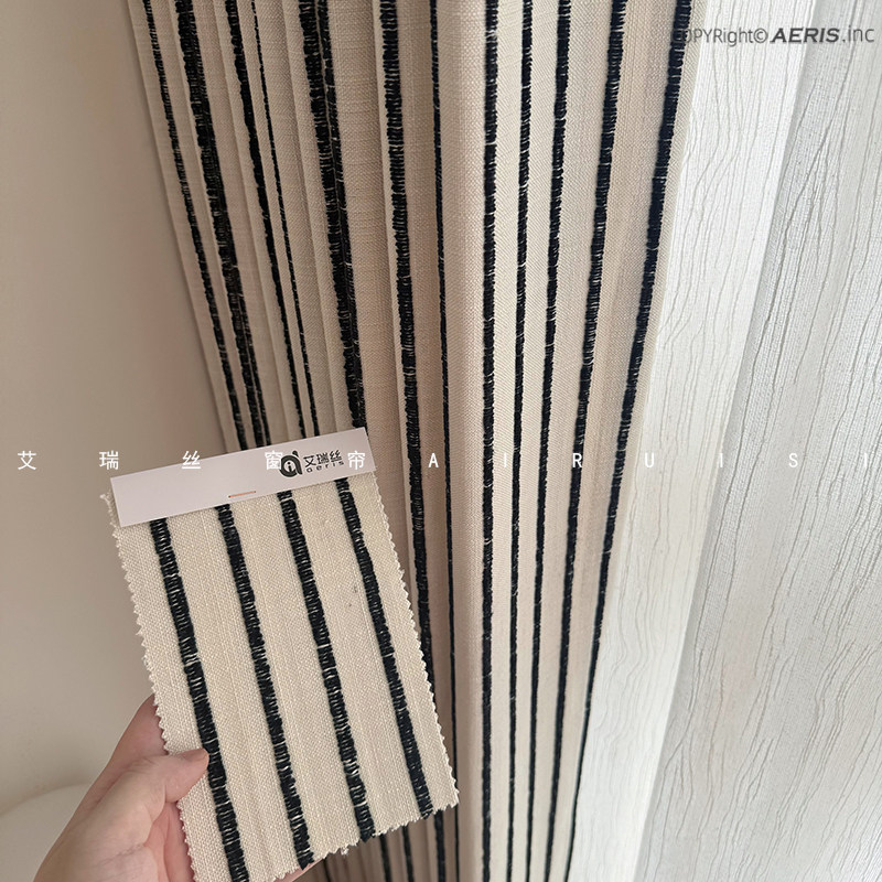 奶油中古法式黑白极简竖纹编制亚麻文艺色织窗帘布客厅卧室设计感