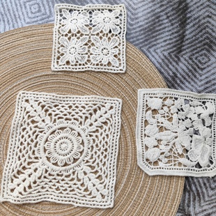 DIY辅料 米黄色棉线刺绣蕾丝花边 手工镂空 饰假口袋 正方形装