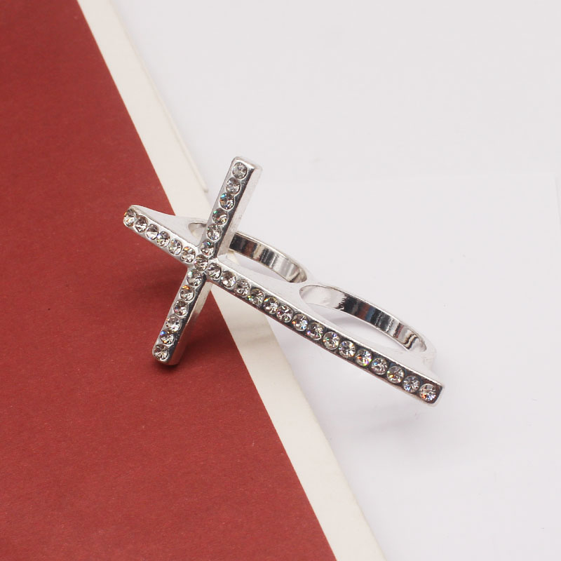 欧美日韩风十字架水钻百搭戒指