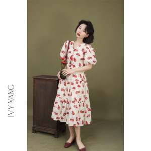 IVYYANG 小红花绑带连衣裙女夏季复古港风短袖碎花v领泡泡袖裙子