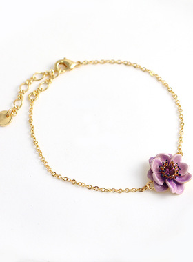 紫色银莲花手链女ins风小众设计法式森系甜美手饰手绘珐琅送礼物