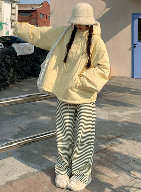 羊羔毛棉服外套加绒条纹裤子套装