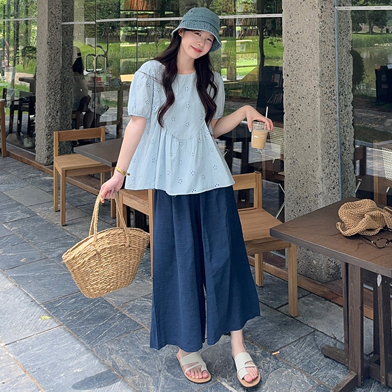 镂空刺绣宽松衬衫阔腿裤显瘦套装