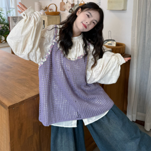 胖mm韩版 2025秋季 宽松刺绣衬衫 镂空花朵针织马甲 大码 牛仔裤 女装