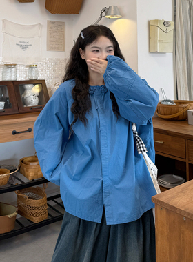 大码女装2026春季胖mm韩式休闲风蓝色长袖衬衫两件套宽松显瘦套装