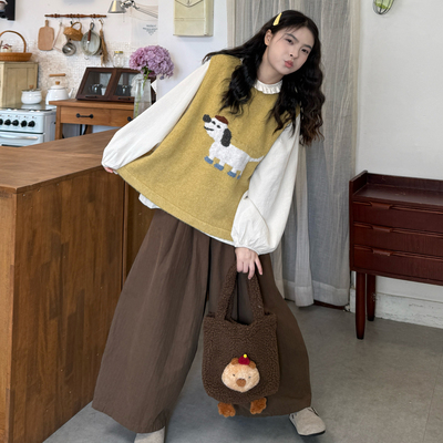 花边圆领衬衫针织小狗马甲休闲裤