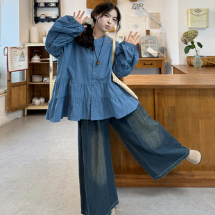 胖mm韩版 2026春季 圆领宽松衬衫 百搭牛仔阔腿裤 大码 显瘦套装 女装