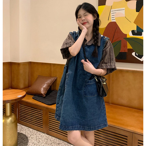 复古宽松条纹衬衫牛仔背带裙套装